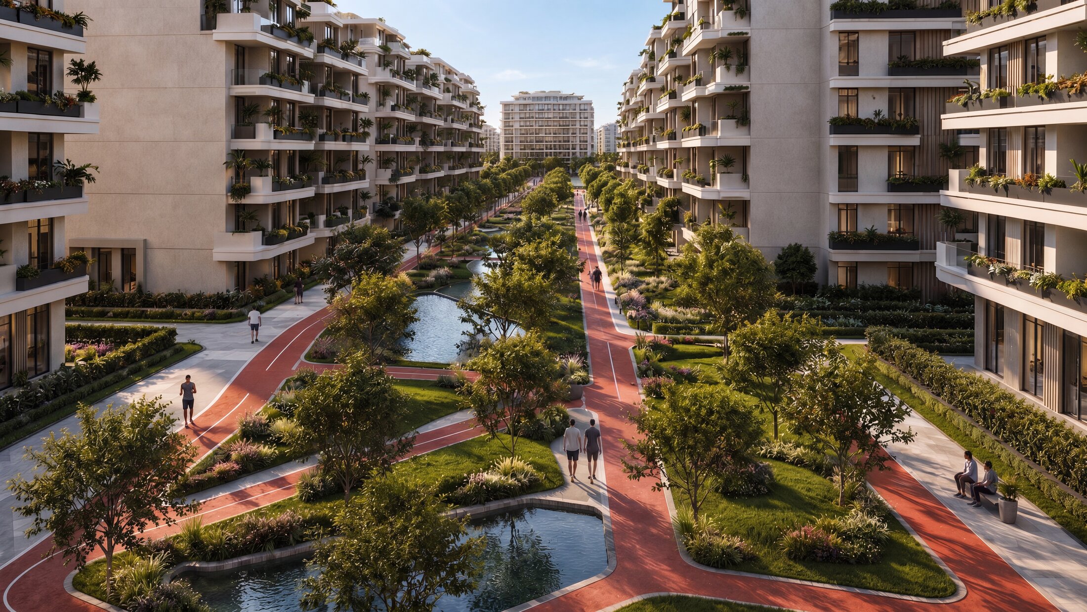 Aerial view of SkyView 3's landscaped green spine in Sheikh Zayed