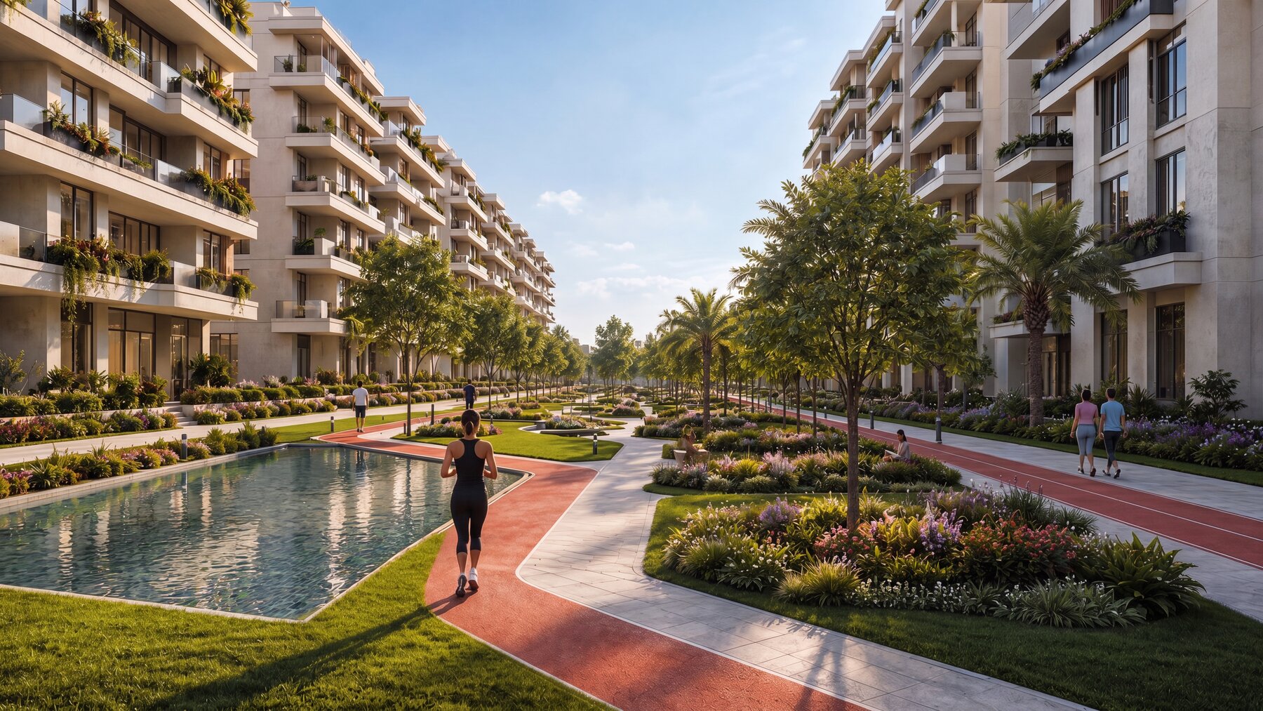 Landscaped promenade with water features at SkyView 3
